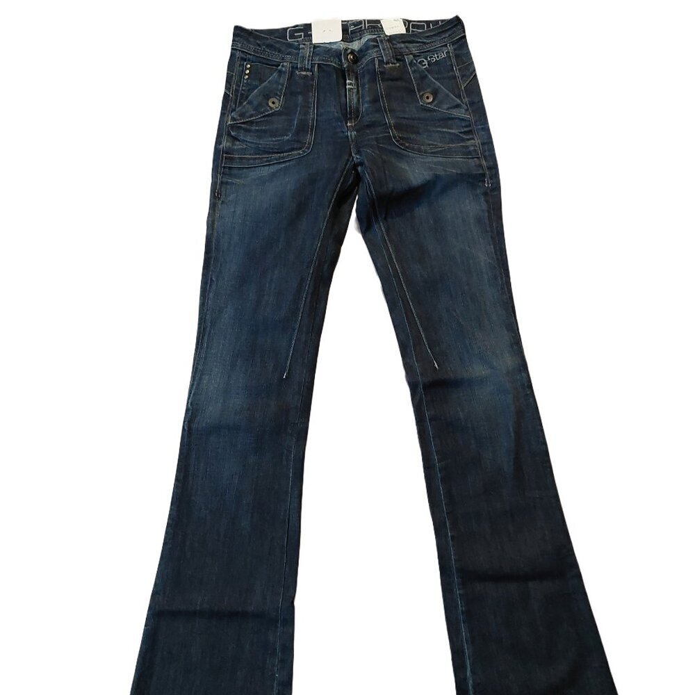 G-Star 3301 Speed Bell Cut Flare Trash Wash Blue Denim Jeans Sz 26 x 35 NWT